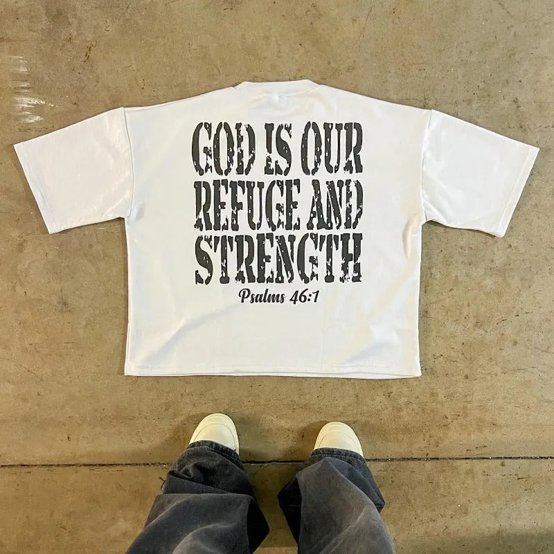 Printed cotton short sleeve t-shirt showing retro street style design with drop-shoulder sleeves
