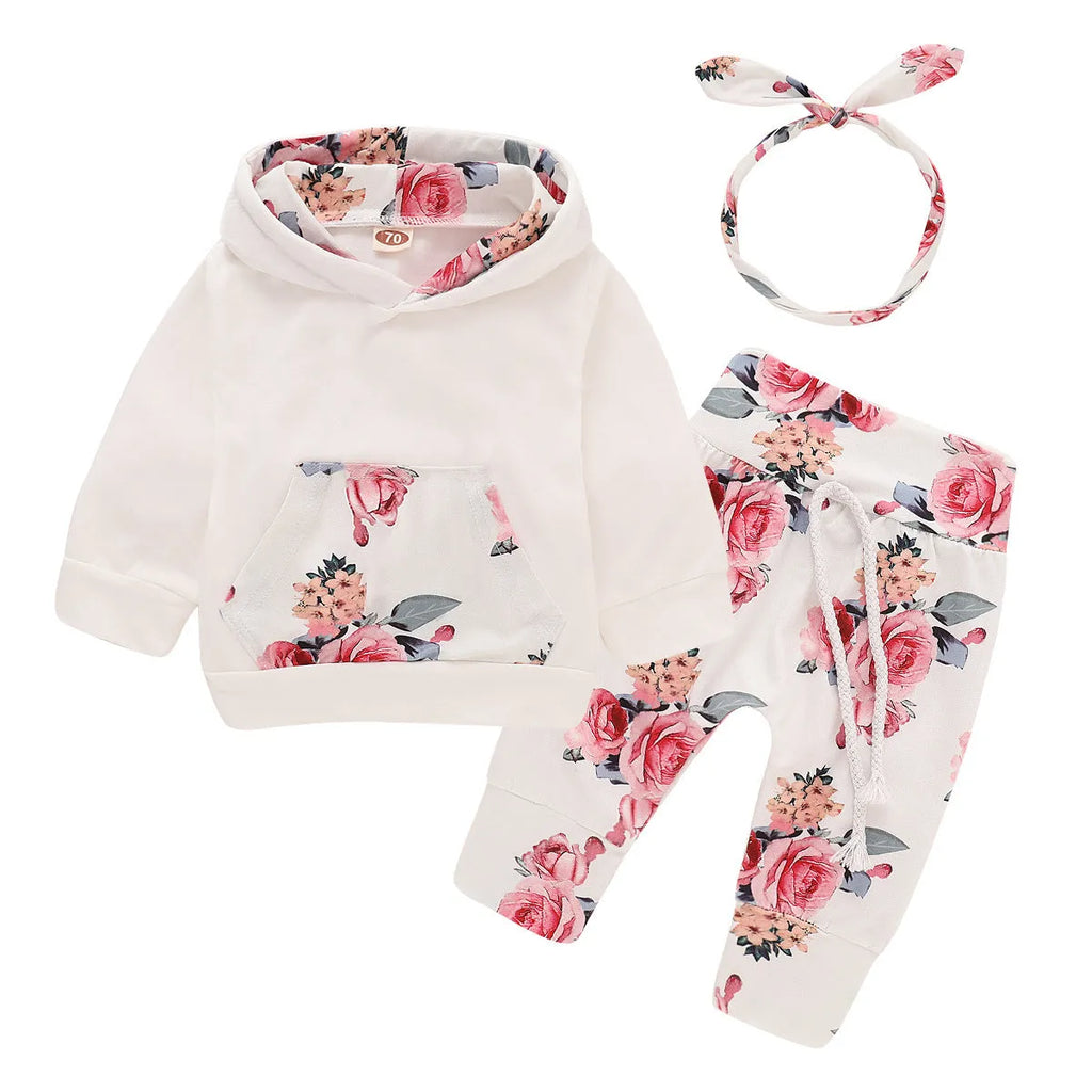 White hooded cotton sleep suit for baby girl with long sleeves and trousers