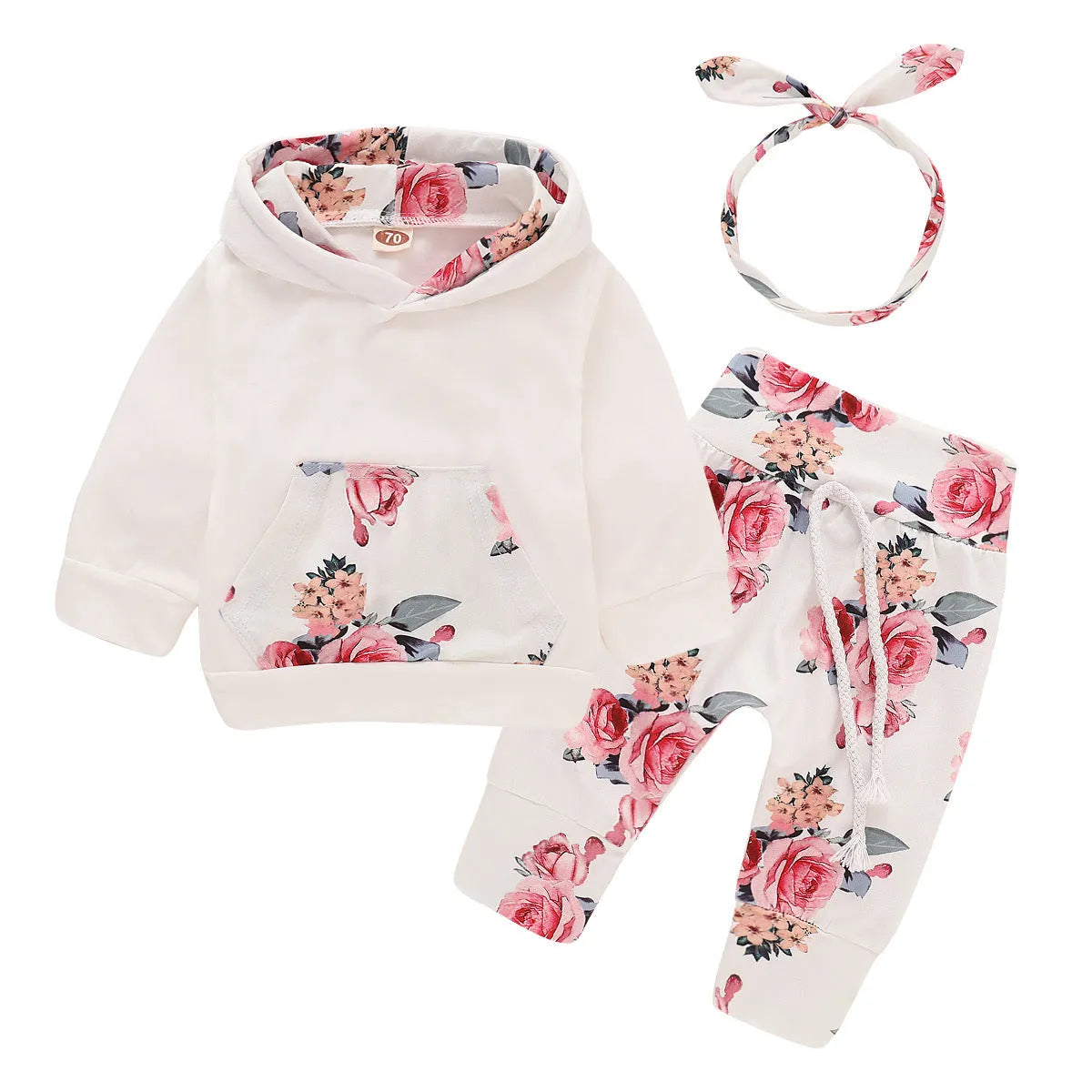 White hooded cotton sleep suit for baby girl with long sleeves and trousers