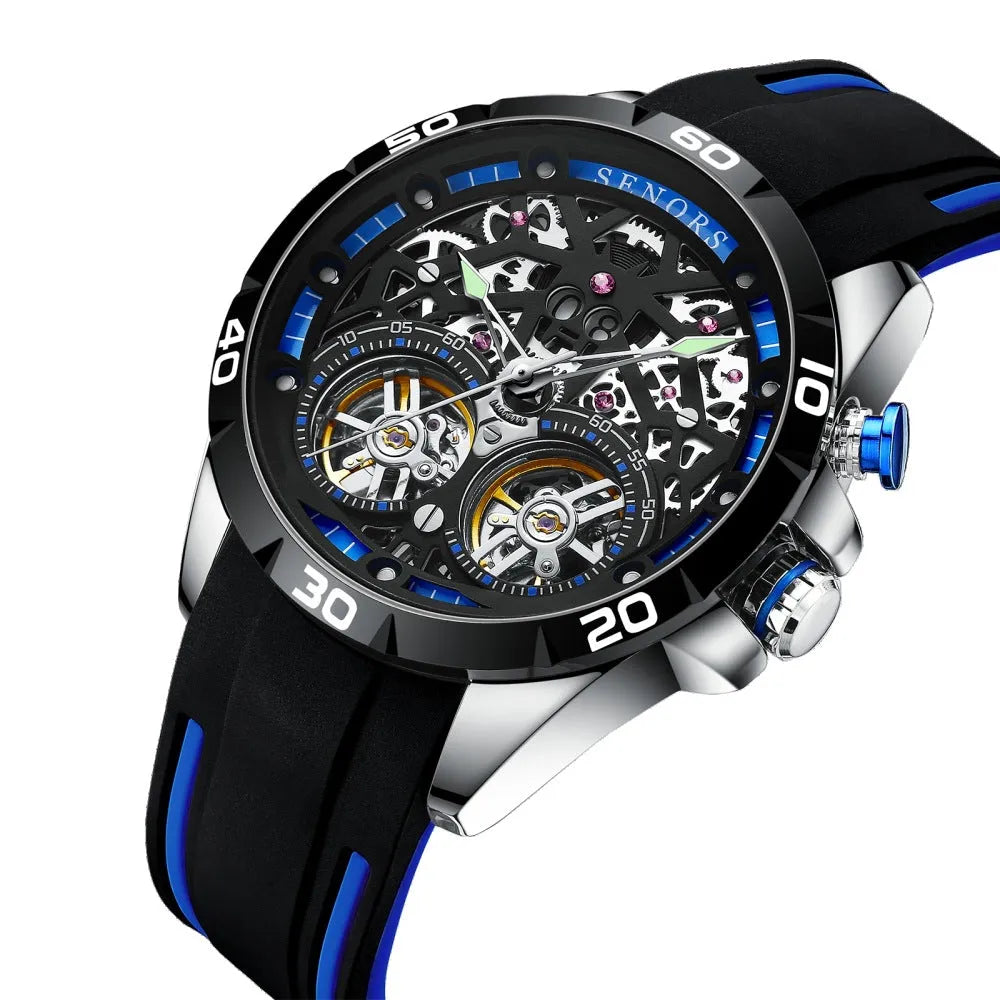 Automatic mechanical men's watch with luminous hollow dial in blue colour option showing 14mm thickness