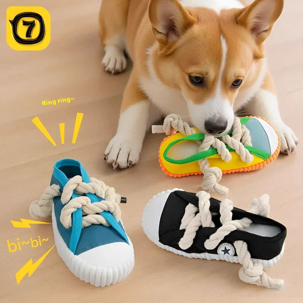 Plastic dog slippers toy with sound mechanism in yellow, black, or blue colours for chewing and interactive play