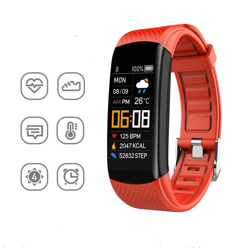 Adult sports silicone pedometer bracelet in multiple colours on wrist, showing 0.96-inch touchscreen display.