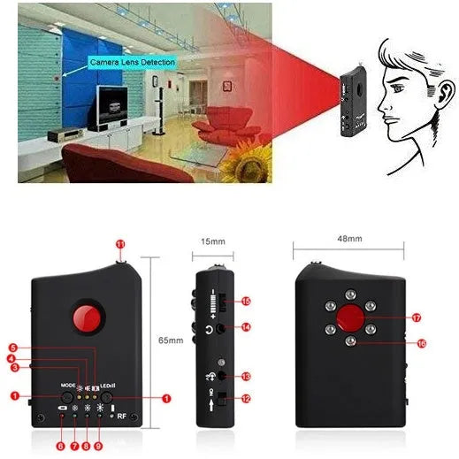 Anti-spy hidden camera signal detector black with antenna and LED indicator