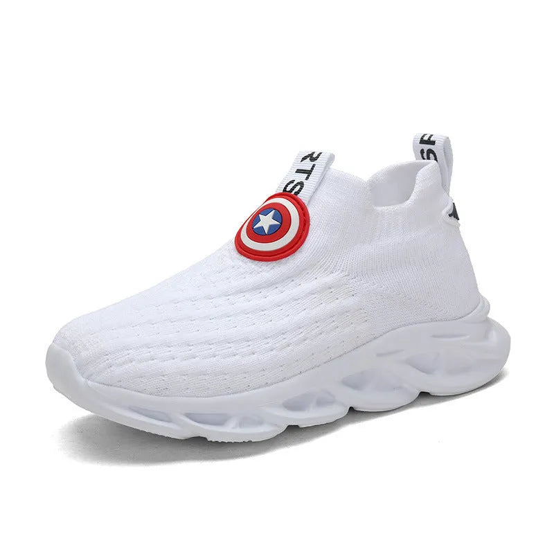 Knitted sleeve-style overshoes in white with MD sole for runway environments