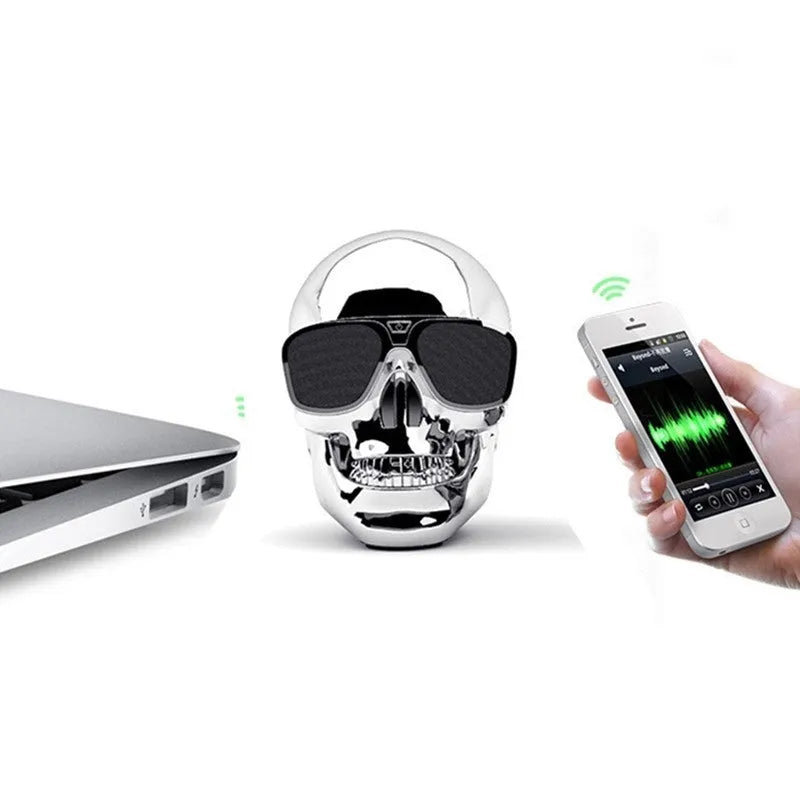 Limited edition skull design wireless Bluetooth speaker showing colour options and compact portable dimensions
