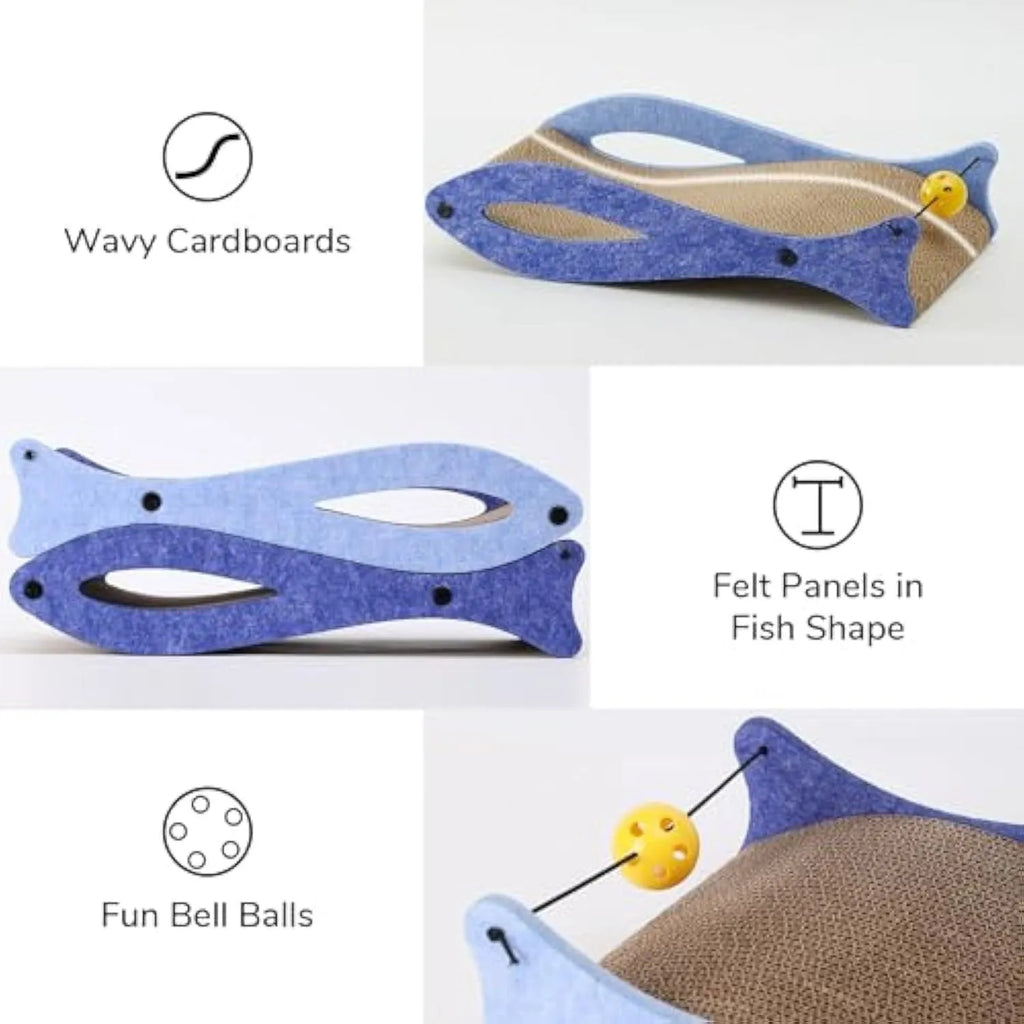 Blue fish-shaped cat scratcher lounge with corrugated cardboard surface and attached bell ball toy