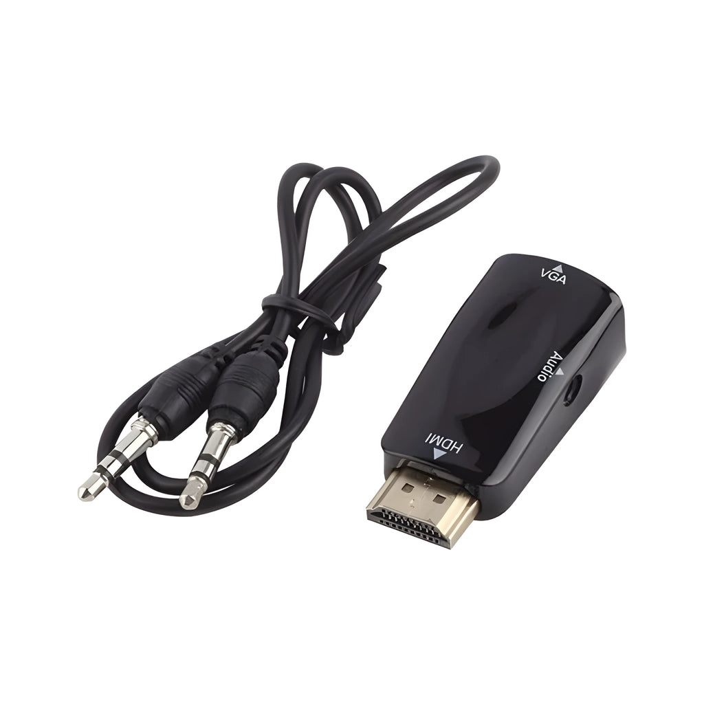 Black HDMI to VGA adapter converter with 3.5mm audio jack for connecting laptops to monitors