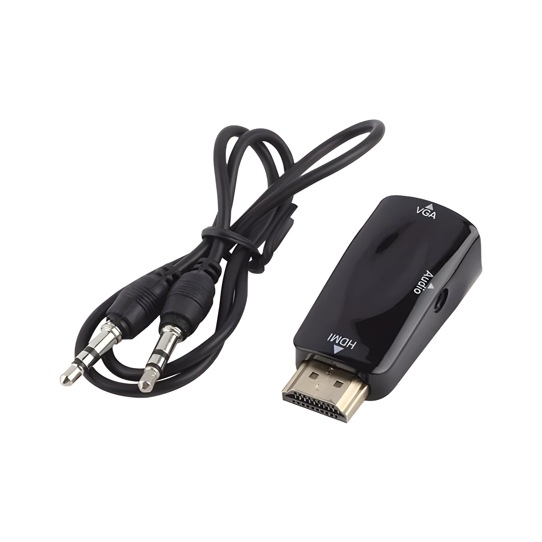 Black HDMI to VGA adapter converter with 3.5mm audio jack for connecting laptops to monitors