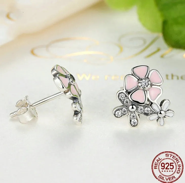 Sterling silver daisy cherry blossom earrings with bow style, 925 silver, individual packaging