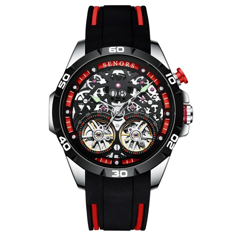 Automatic mechanical men's watch with luminous hollow dial in blue colour option showing 14mm thickness