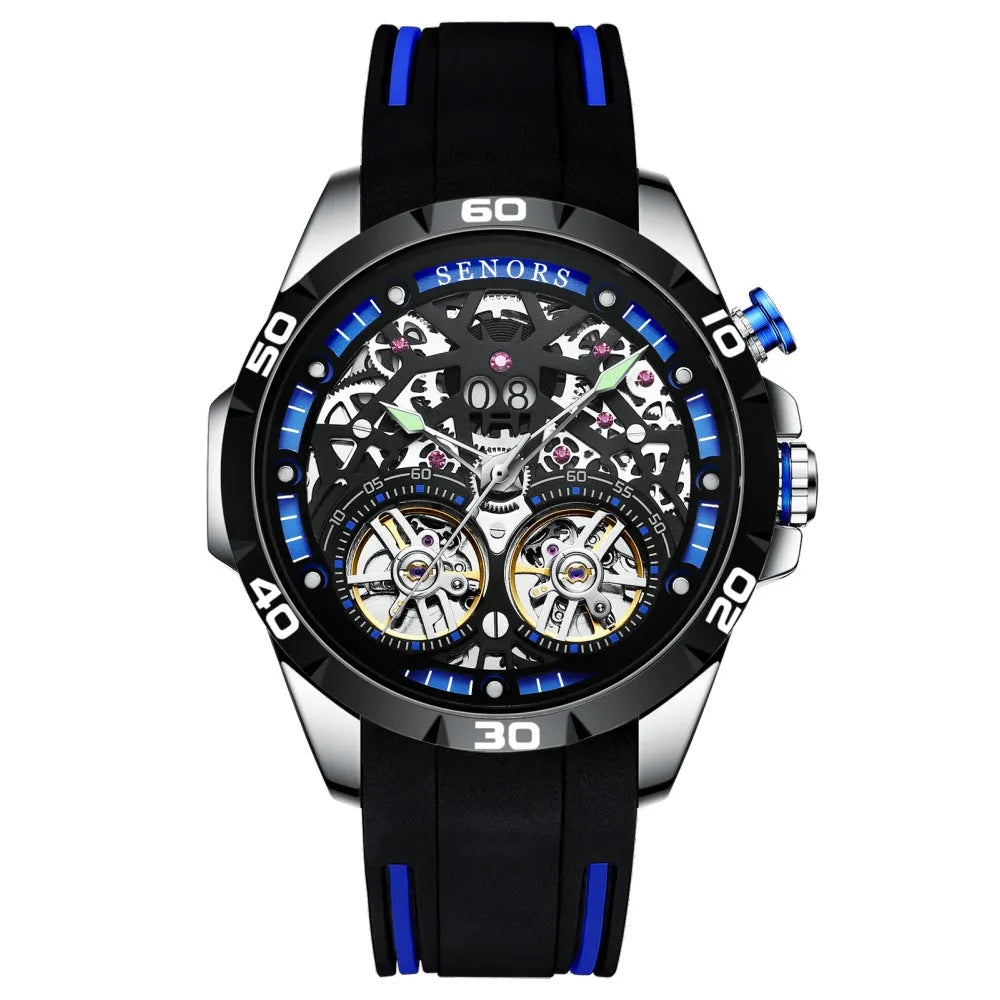 Automatic mechanical men's watch with luminous hollow dial in blue colour option showing 14mm thickness