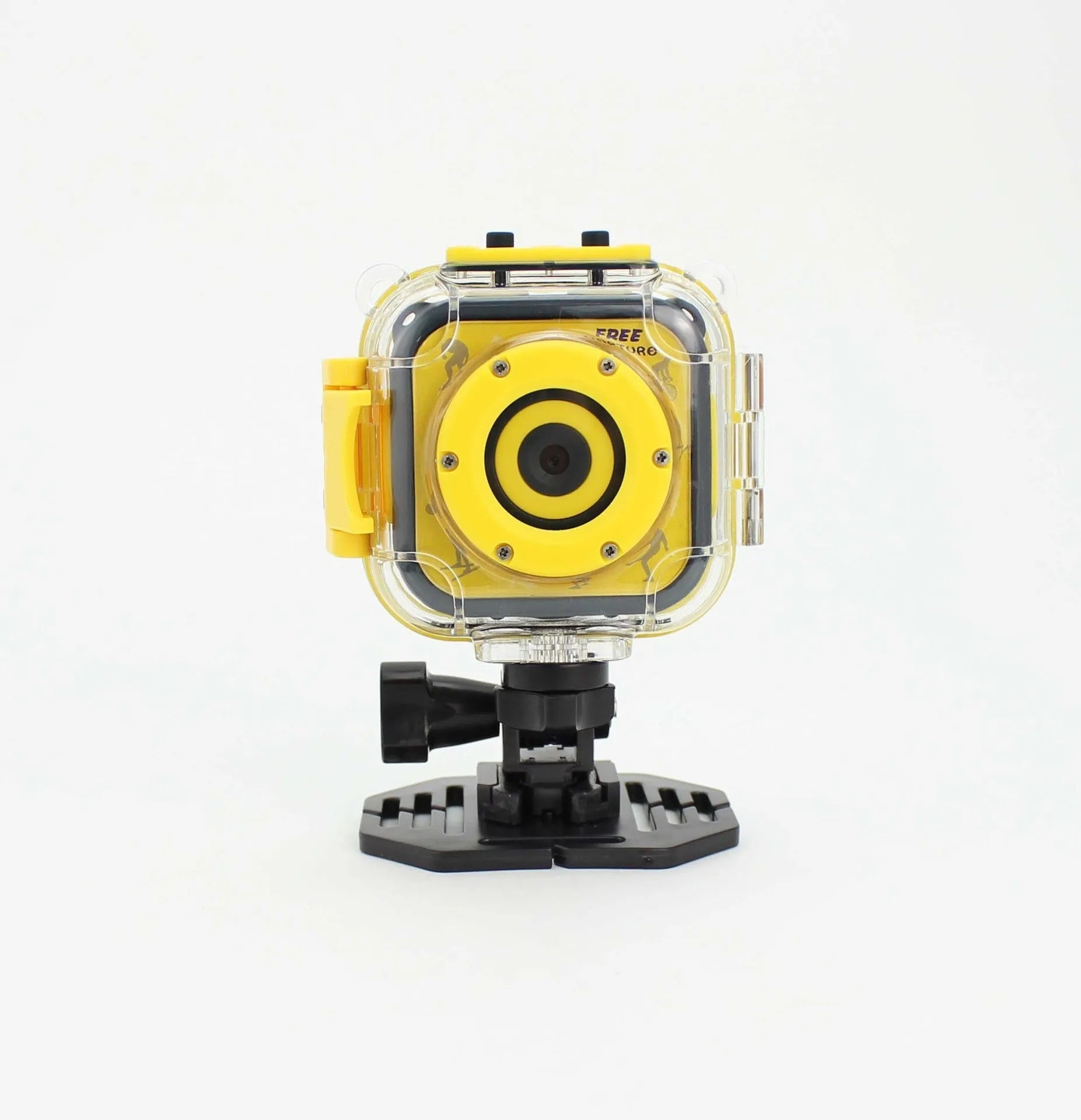 Yellow children's waterproof sports camera showing front view with lens and LCD screen