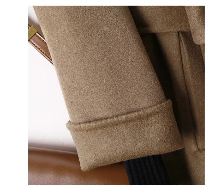 Men's wool coat with suit collar in Black and Caramel colour options showing front view