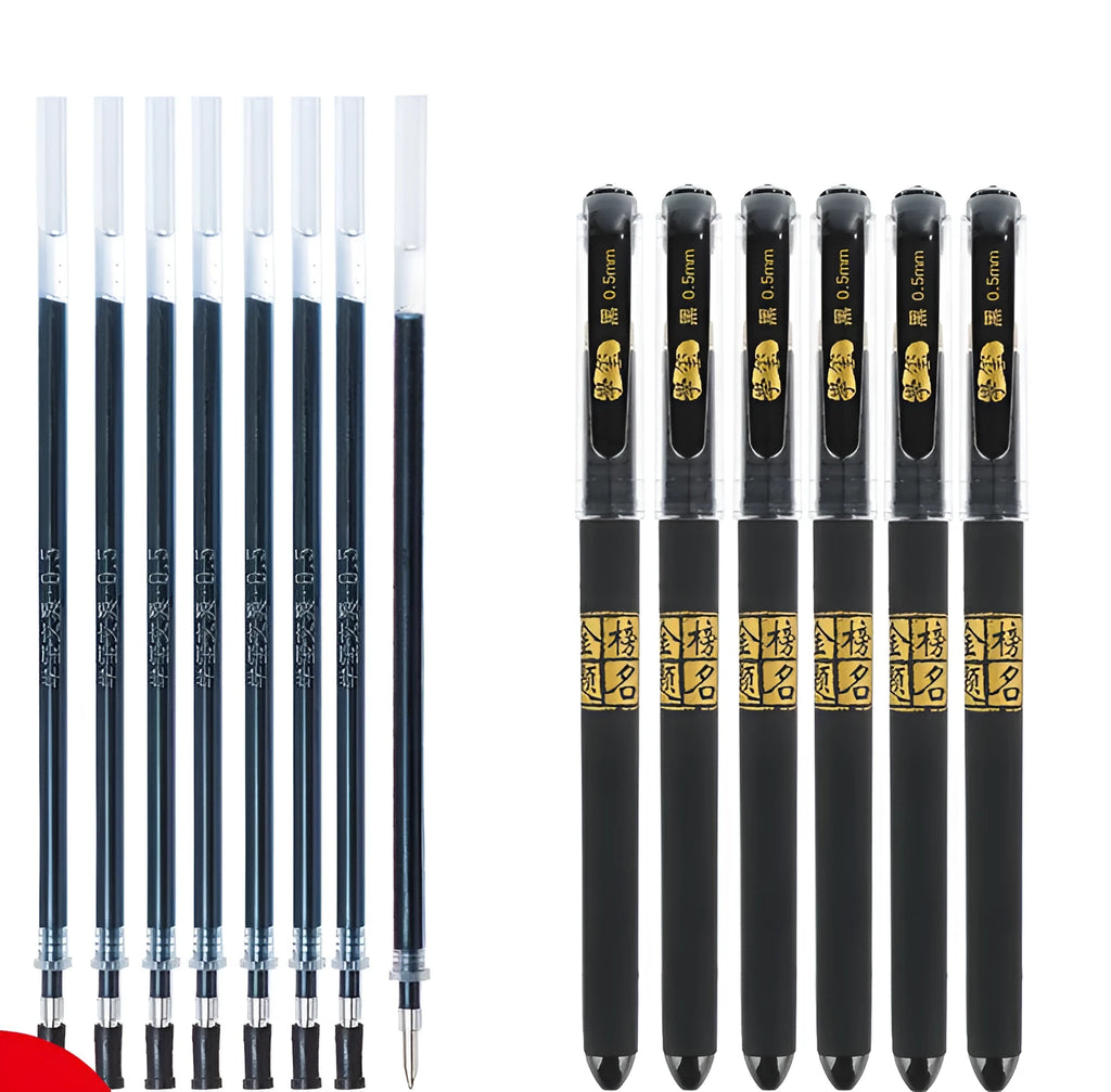 8 carbon black gel pens with plastic barrels and assorted needle and bullet tips
