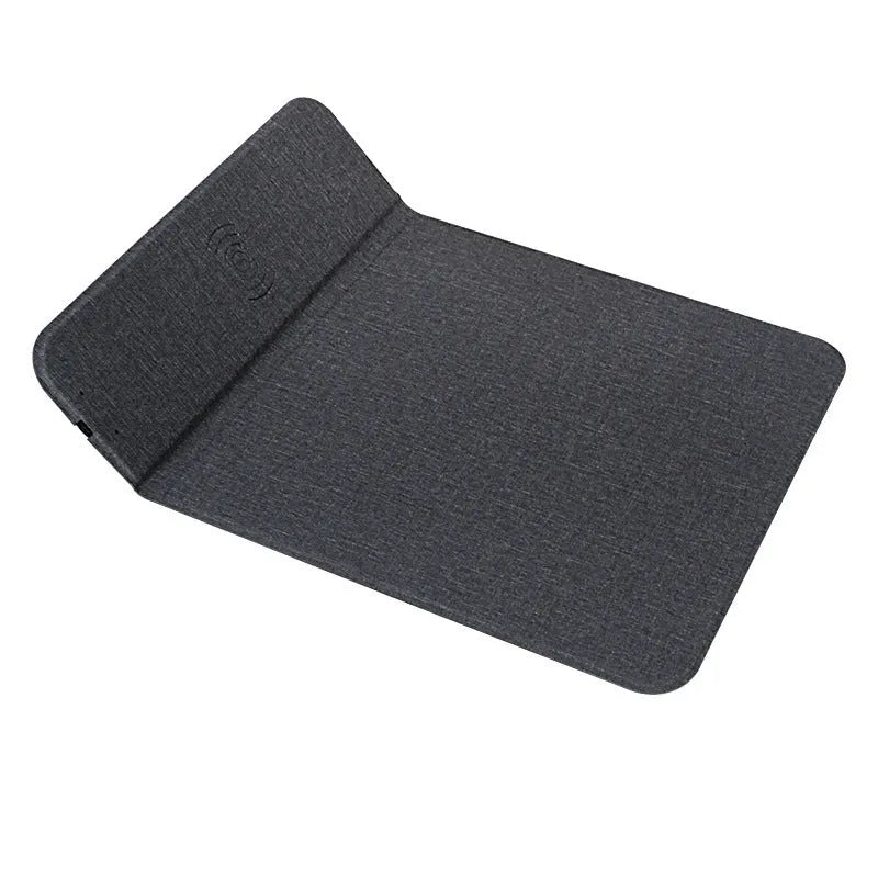 Foldable cloth phone holder with wireless charging, shown upright with a phone on it.