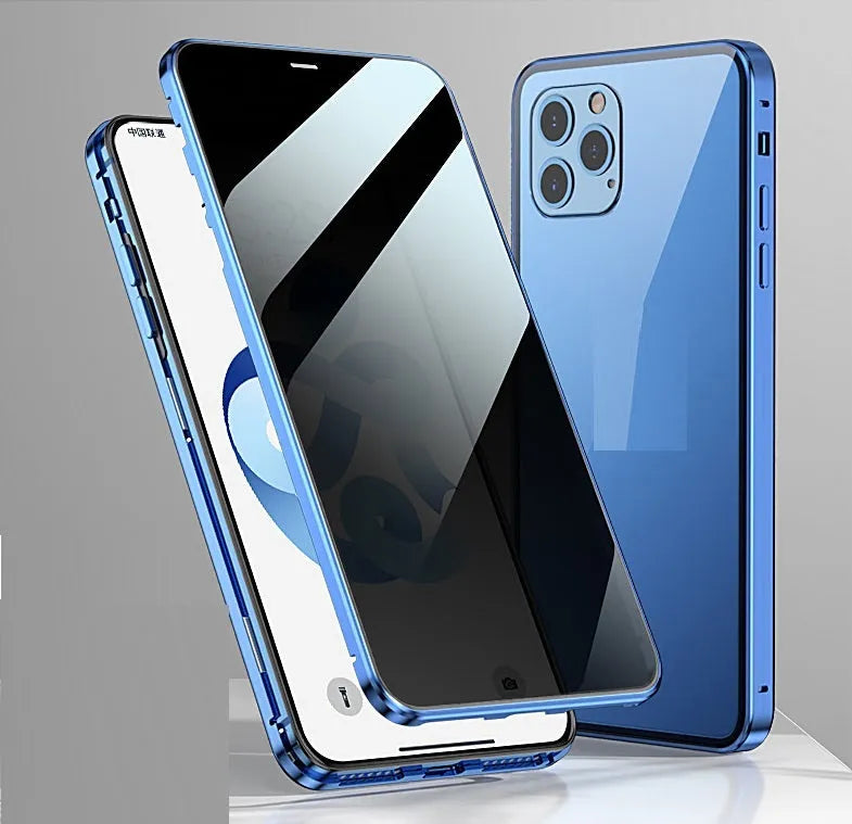 Gold magnetic clamshell phone case with double-sided glass privacy screen for iPhone.
