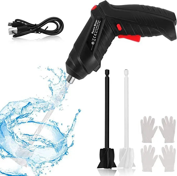 Hand-held ABS plastic epoxy resin stirrer with two mixing rods and charging cable for resin crafts