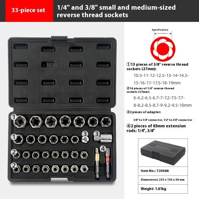 33-piece reverse tooth screw extractor set in chrome molybdenum steel with universal joint