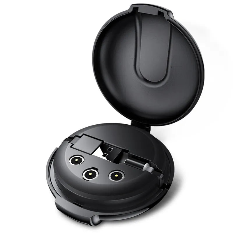 Black magnetic 3-in-1 car phone holder and portable charger with retractable cable on a car dashboard.