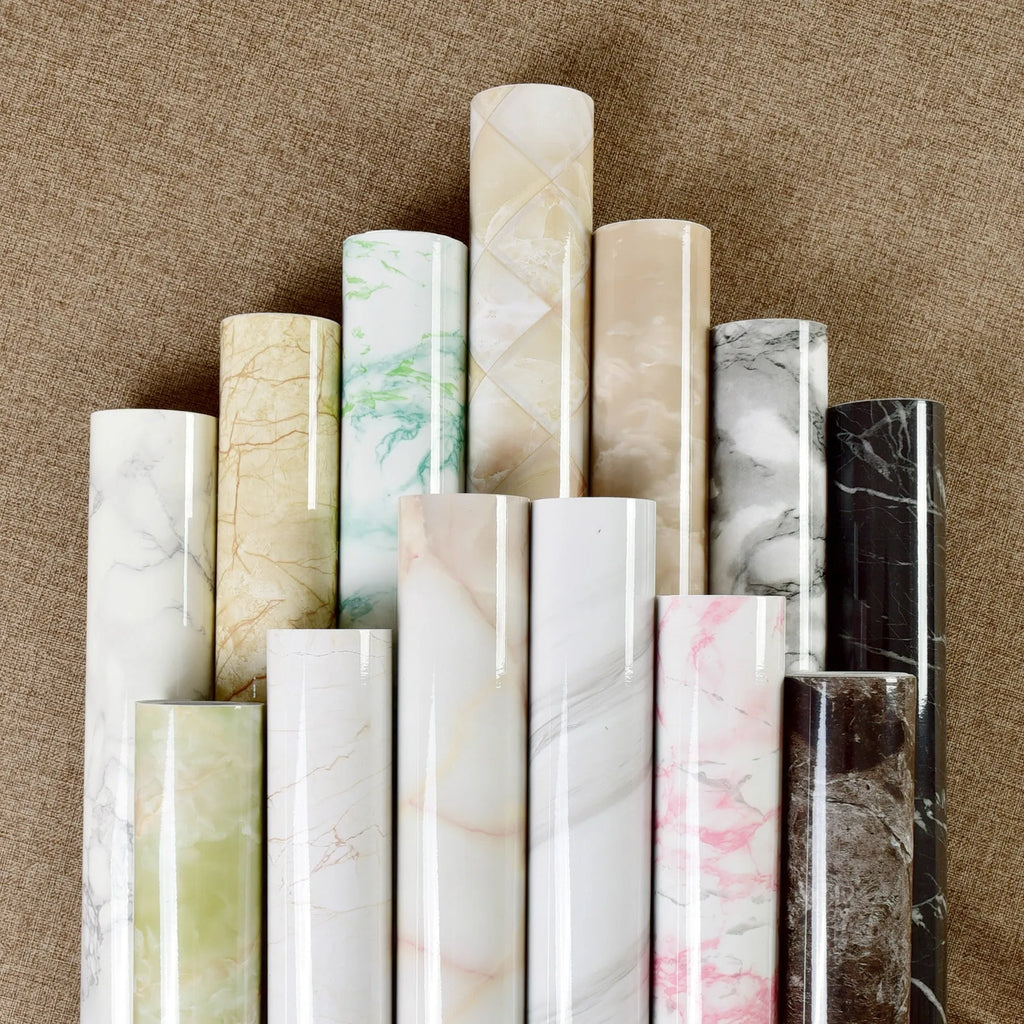 Imitation marble PVC wallpaper sticker for kitchen furniture – waterproof and heat resistant grey pattern roll