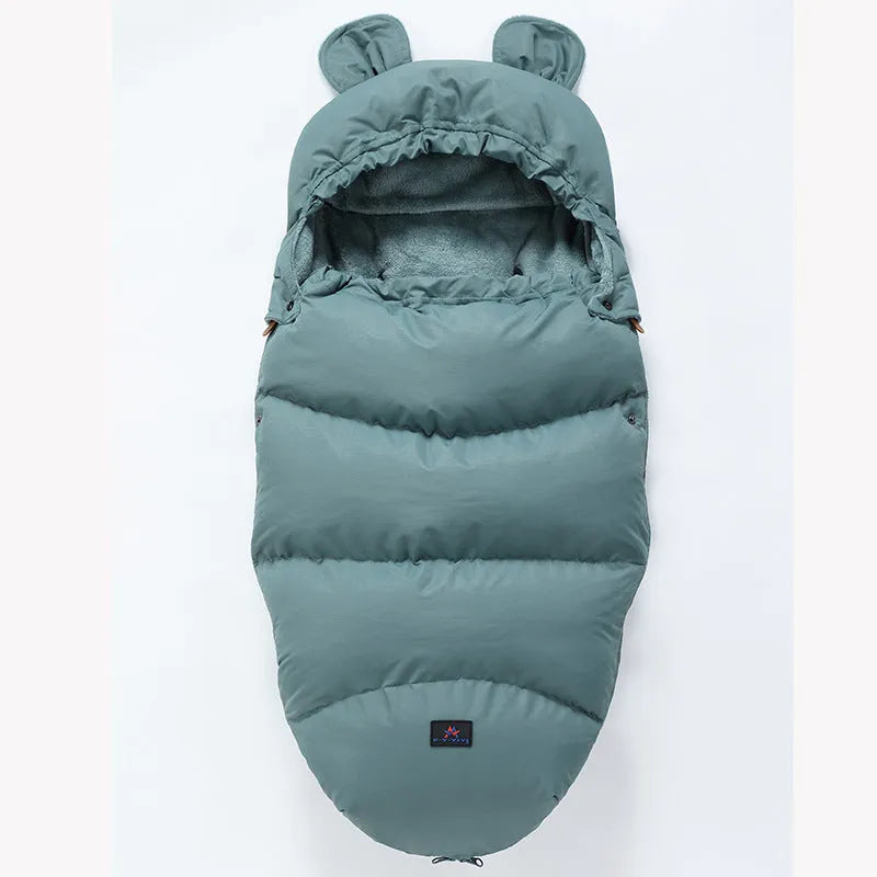 Baby stroller sleeping bag in silkworm cocoon style, shown in a colour option, measuring 100 by 48 centimetres.