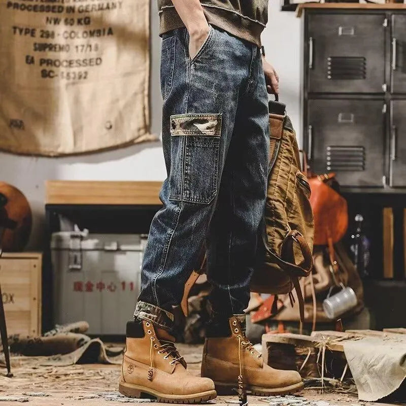 Men's American-style heavy distressed cargo jeans, loose fit, blue cotton denim, 28-36 waist sizes