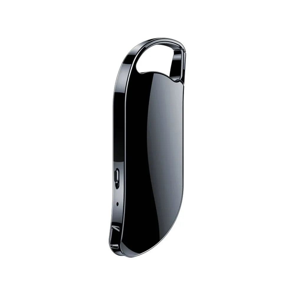 Metal keychain digital voice recorder in black on plain background showing USB port and controls