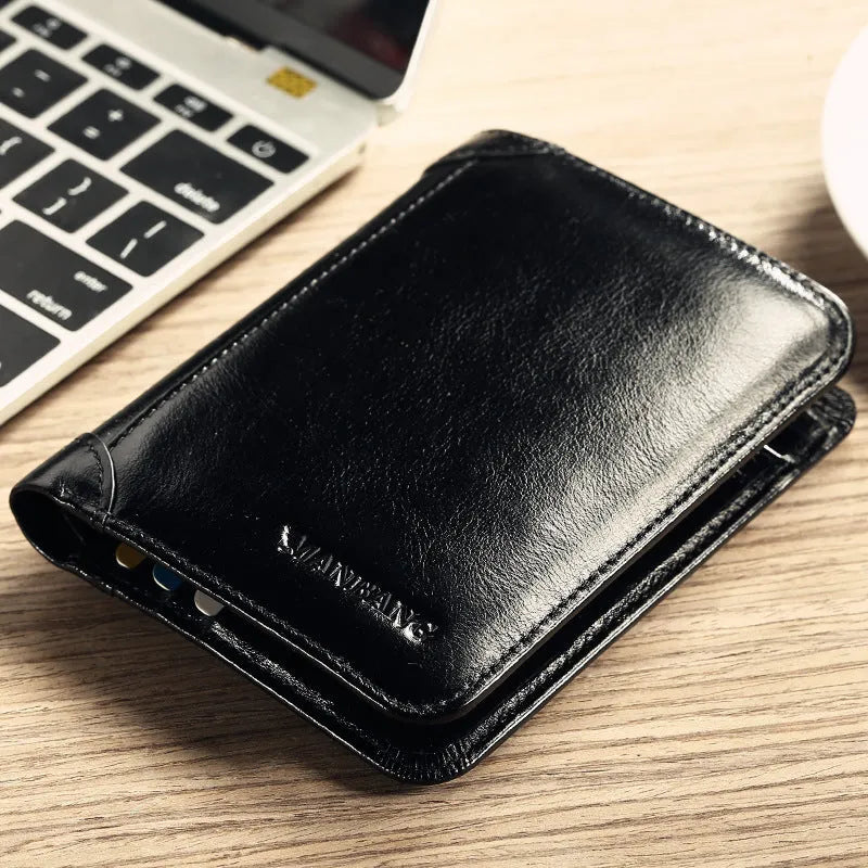 Men's leather wallet showing multiple internal compartments including photo slot and card holders