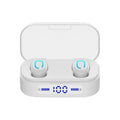 Bluetooth mini headset with digital display in black and white colours with earplug style earbuds
