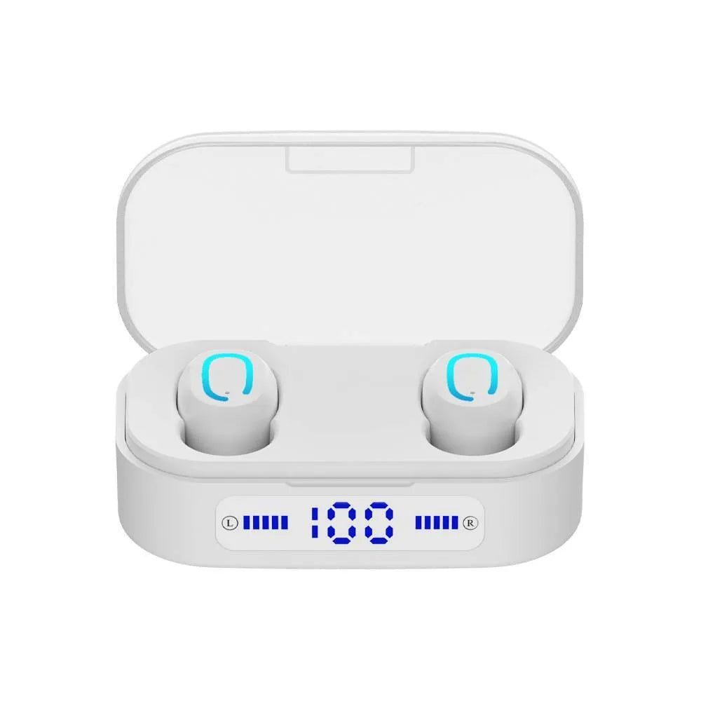 Bluetooth mini headset with digital display in black and white colours with earplug style earbuds
