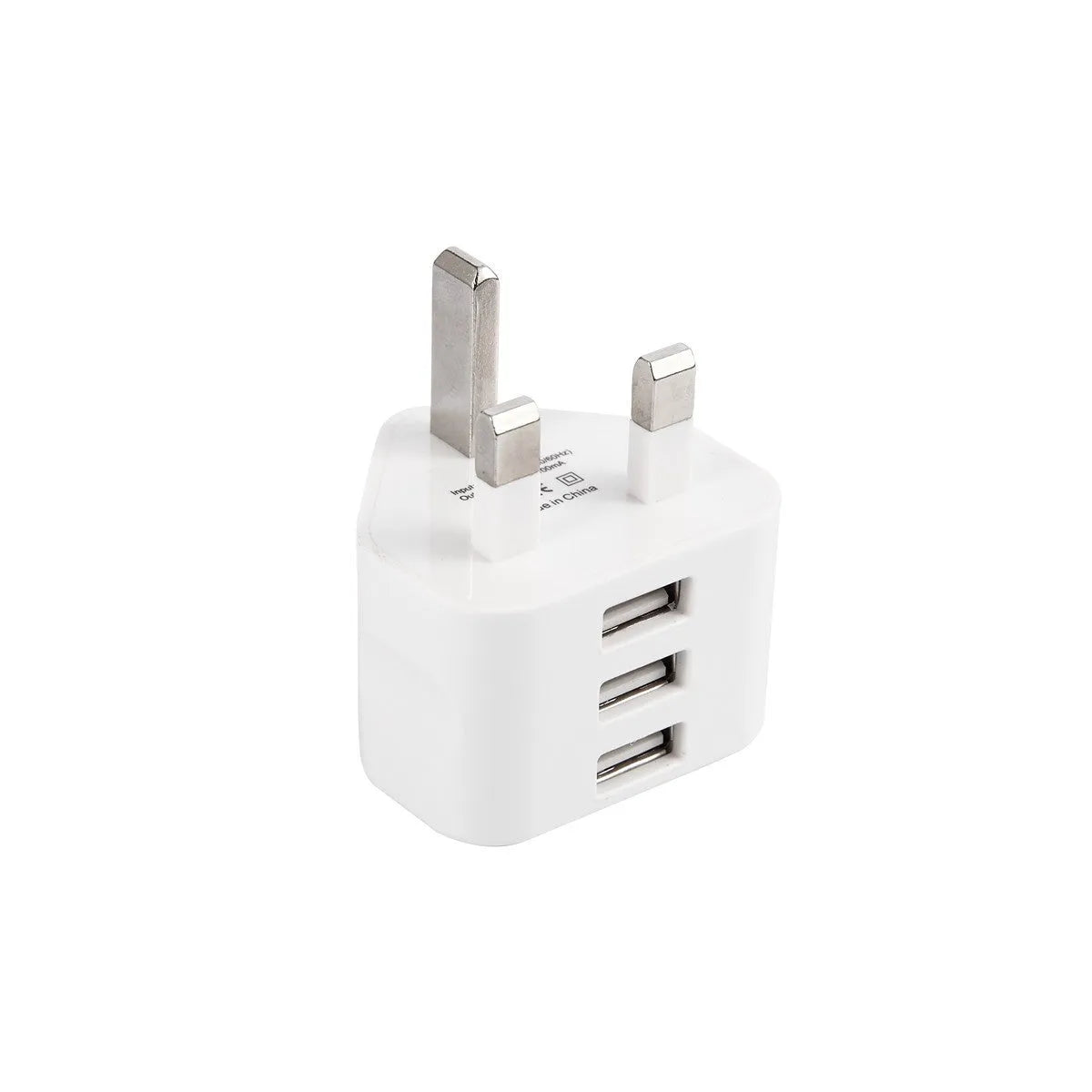 White UK plug USB wall charger with three USB ports, ABS body, 4.5x4.5x5cm, compatible with iPhone