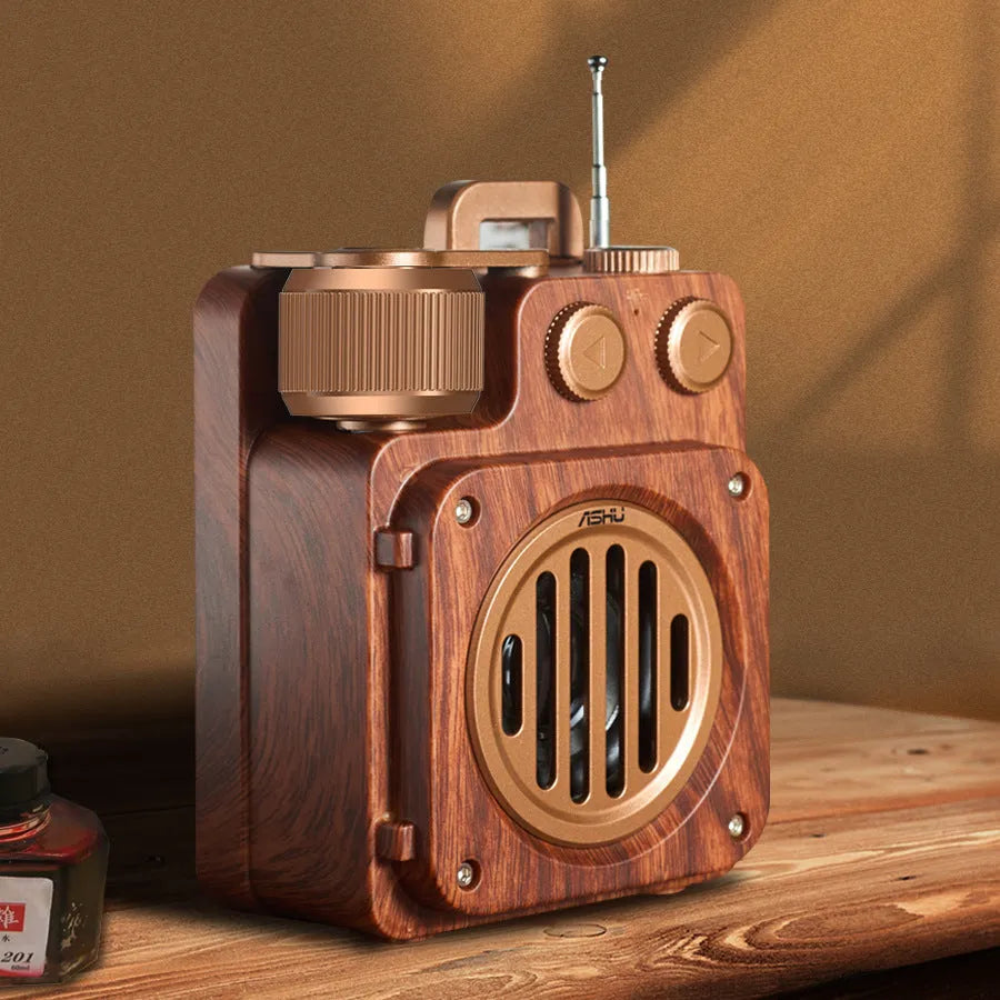 Retro lightweight compact wireless Bluetooth speaker in rosewood gold finish with plastic shell