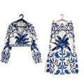 Women's floral print two-piece casual set with long sleeves and a long skirt in picture colour.
