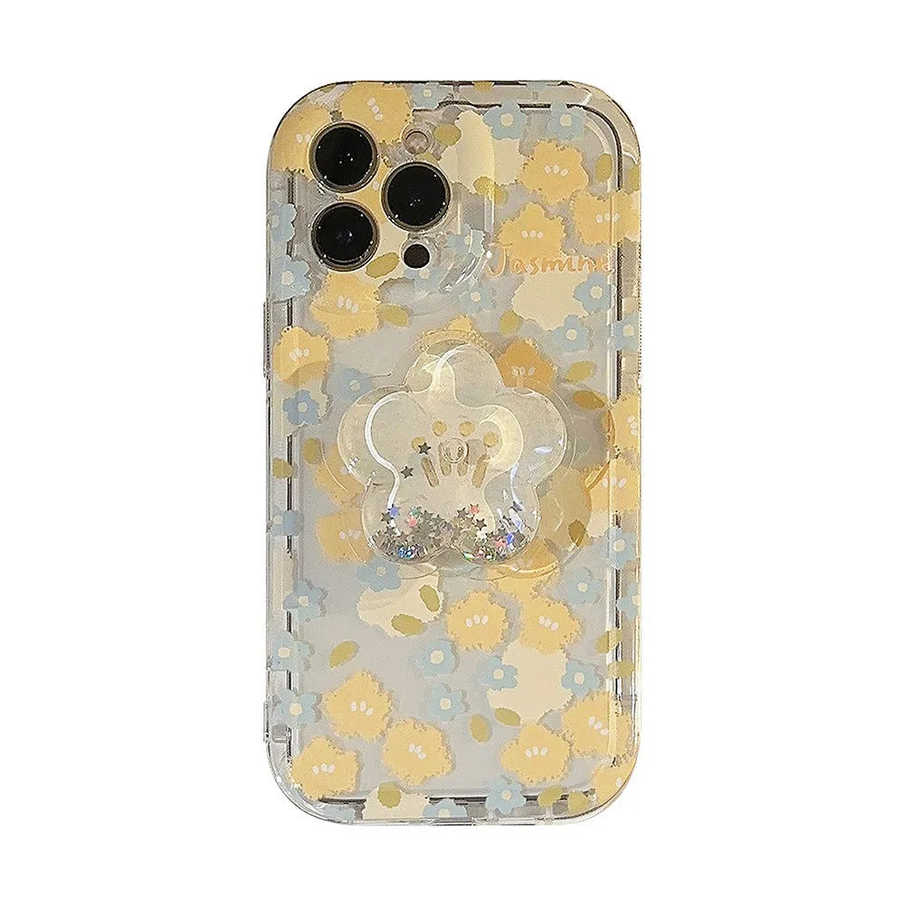 Floral TPU phone case with quicksand bracket for iPhone, transparent painted design in blue and yellow options