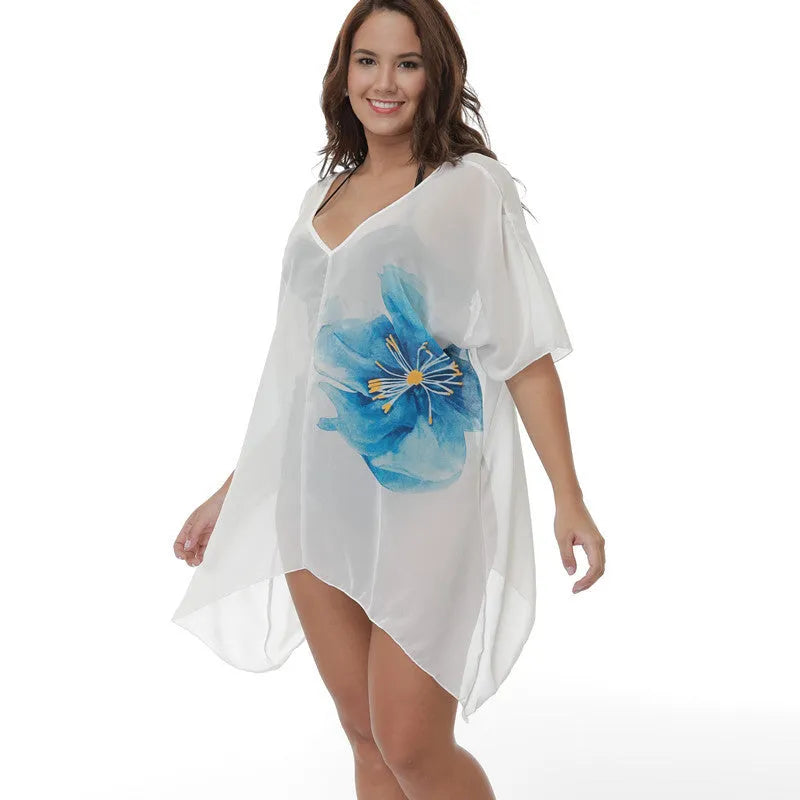 White plus size loose beach cover-up blouse for swimming