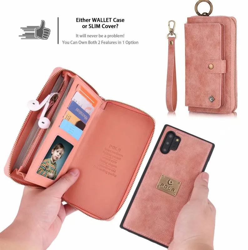 Black PU leather zip wallet case open to show smartphone and card slots.