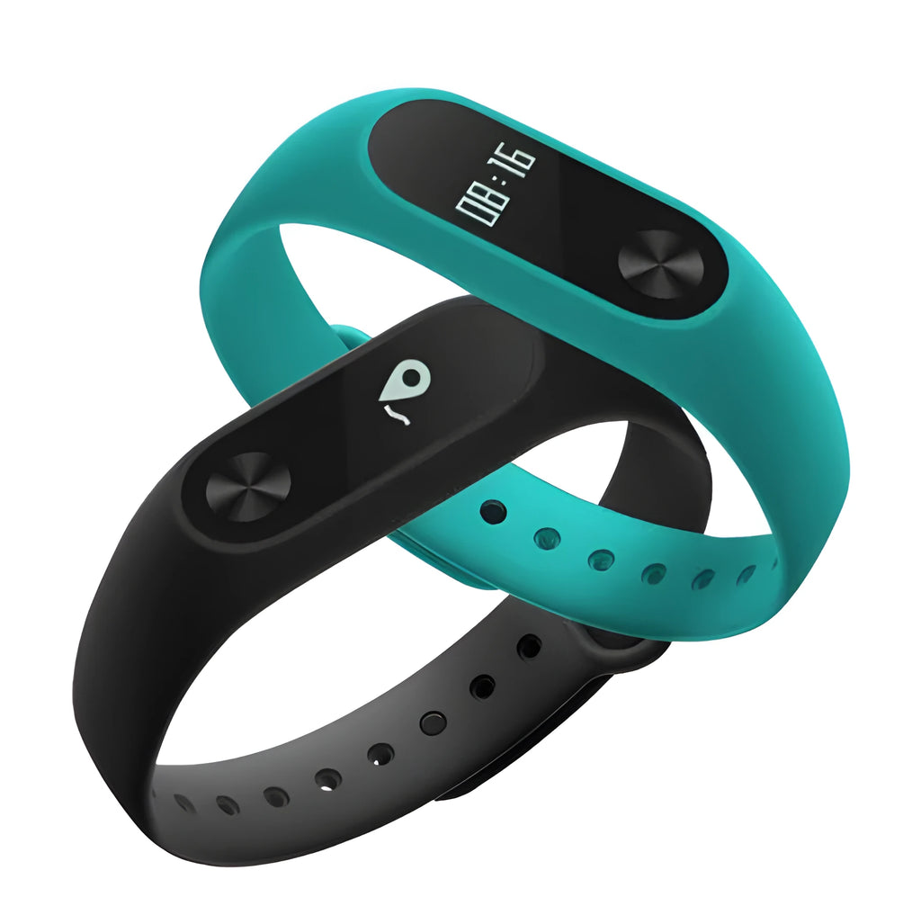 Black Xiaomi Mi Band 2 smartband with OLED display on adjustable wrist strap