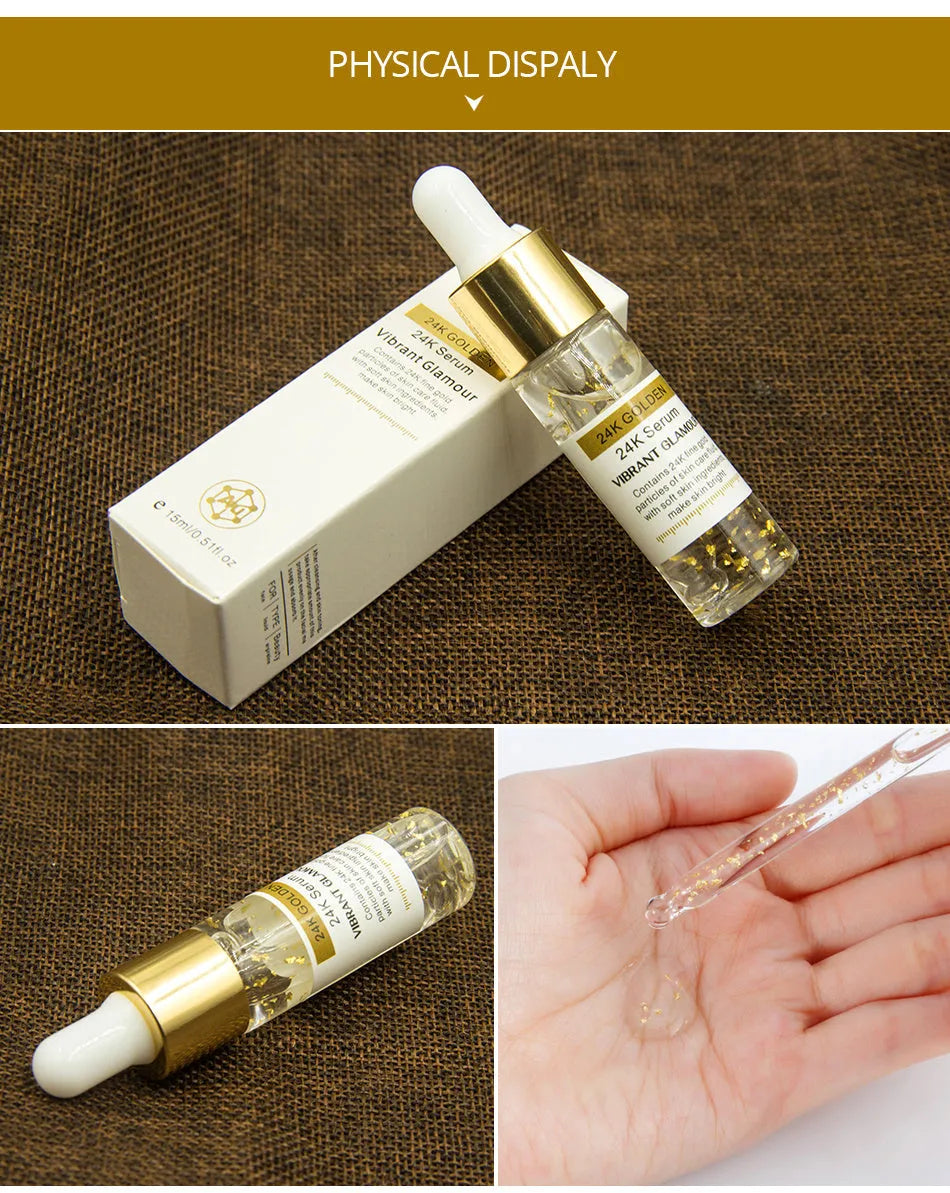 4K Gold face serum in Gold colour with 24K pure gold and hyaluronic acid for tightening, whitening and wrinkle removal.