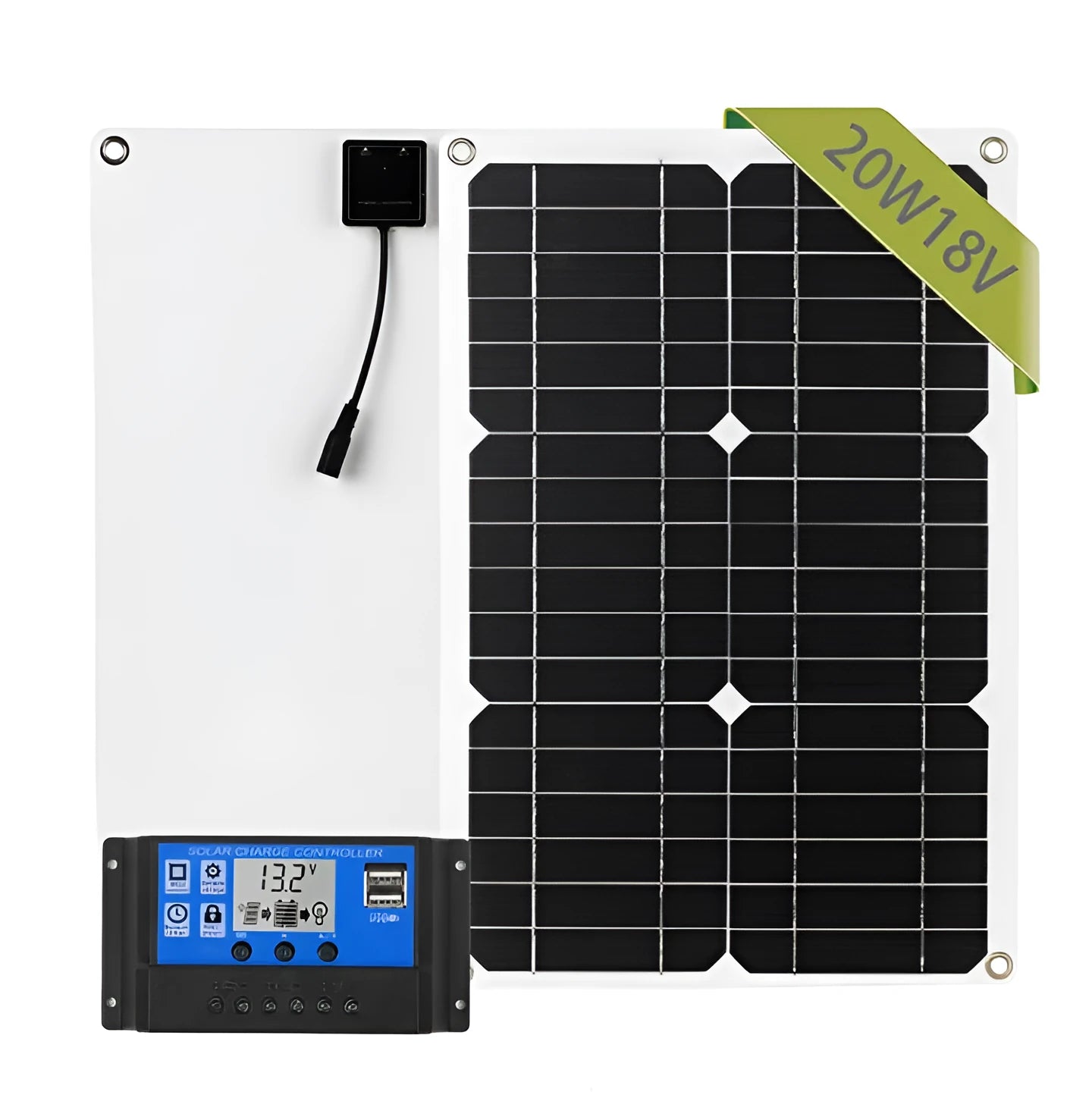Black and white 180W monocrystalline solar panel with PET surface and ABS controller on a flat surface