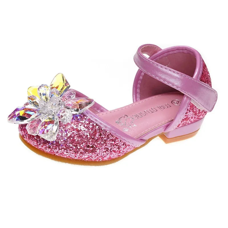 Girls crystal rhinestone shoes in pink with shiny fabric upper and cotton lining