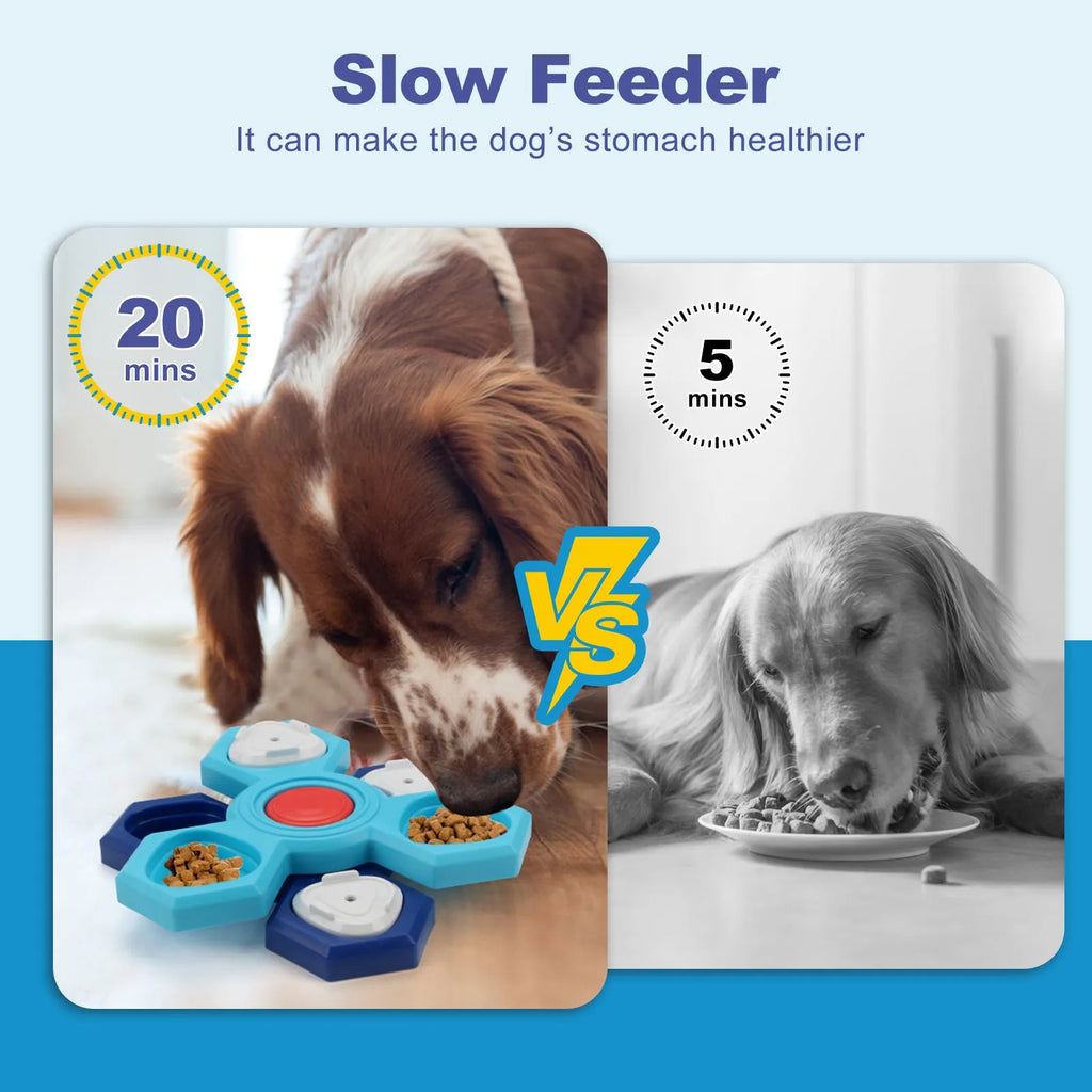 Blue plastic four-layer slow feeder puzzle dog bowl with non-slip base for interactive mealtime use