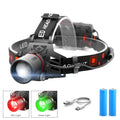 T6 LED headlamp showing white, red, and green light modes with zoomable focus and head strap