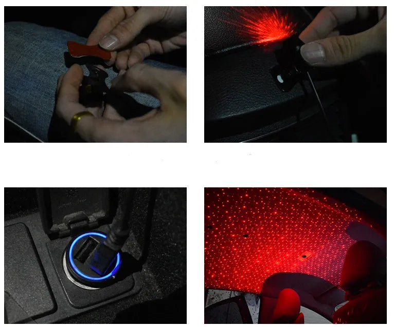 Car star ceiling light with aluminium housing, USB cable, and remote control installed in armrest box