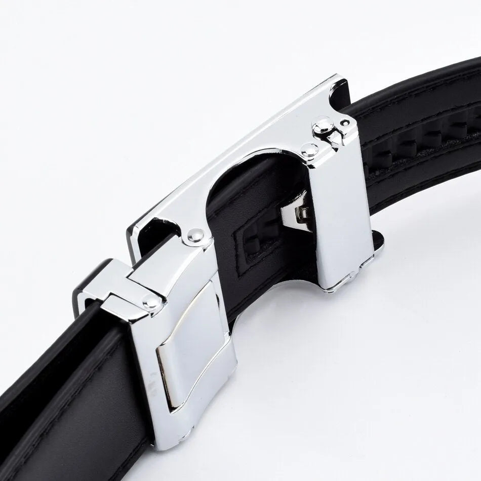 Men's cowhide automatic buckle business belt in black on a neutral background showing the buckle.