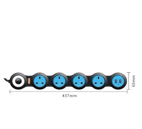 White UK power strip with five sockets, two USB ports, a rotating plug, and a long black cable