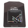 Set of six coloured M5 stainless steel mountain bike riser bar fixing screws on a card.