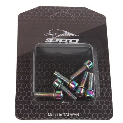 Set of six coloured M5 stainless steel mountain bike riser bar fixing screws on a card.