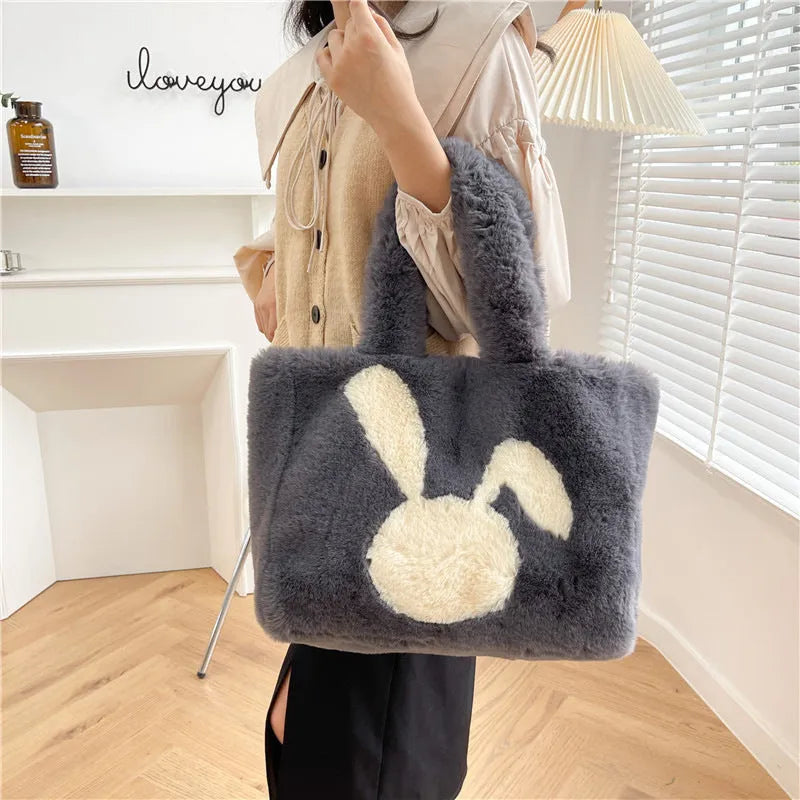 Plush rabbit ears shoulder tote bag in six colours for women's autumn winter shopping