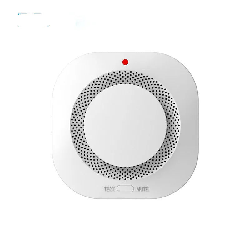 White wireless smoke detector fire alarm with 433MHz transmission, 80dB alarm sound, and DC9V 9V battery power