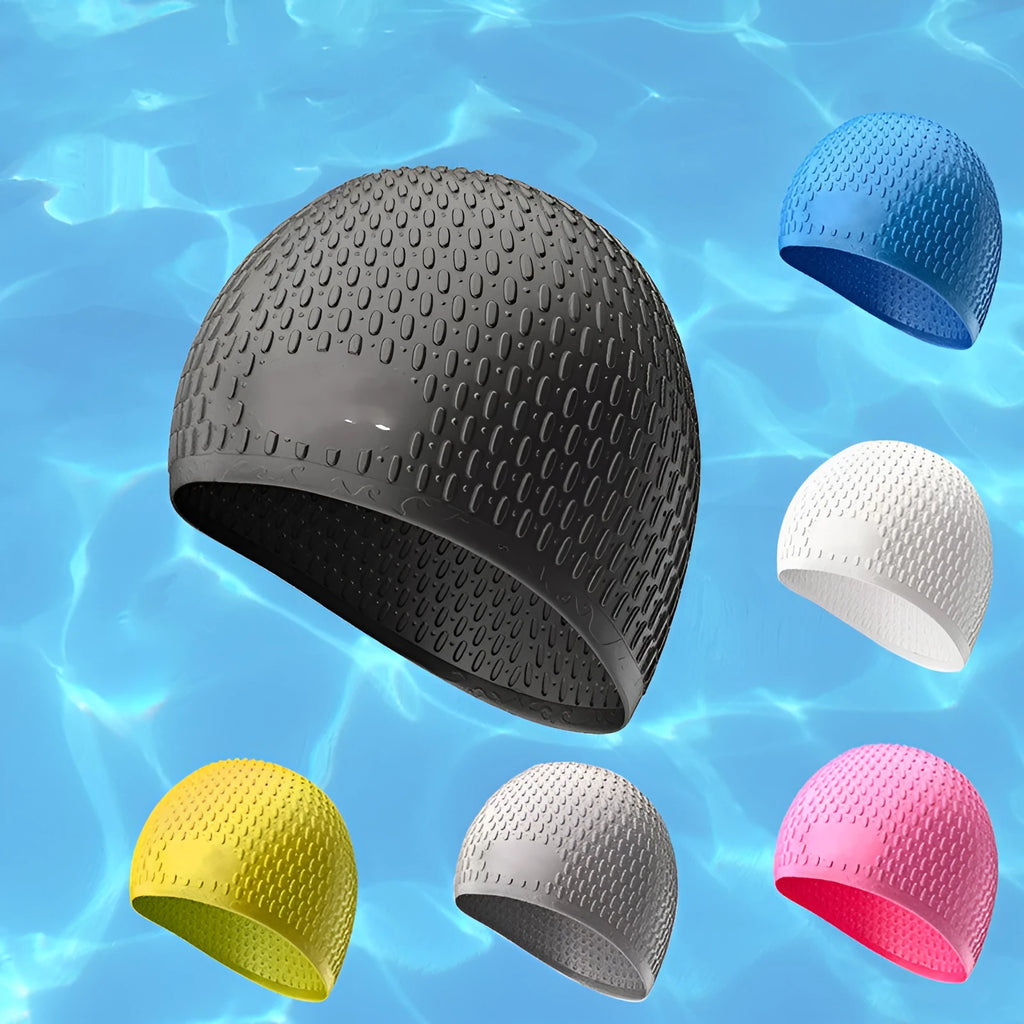 Silicone swimming cap with water drop design in choice of nine solid colours for adult swimmers